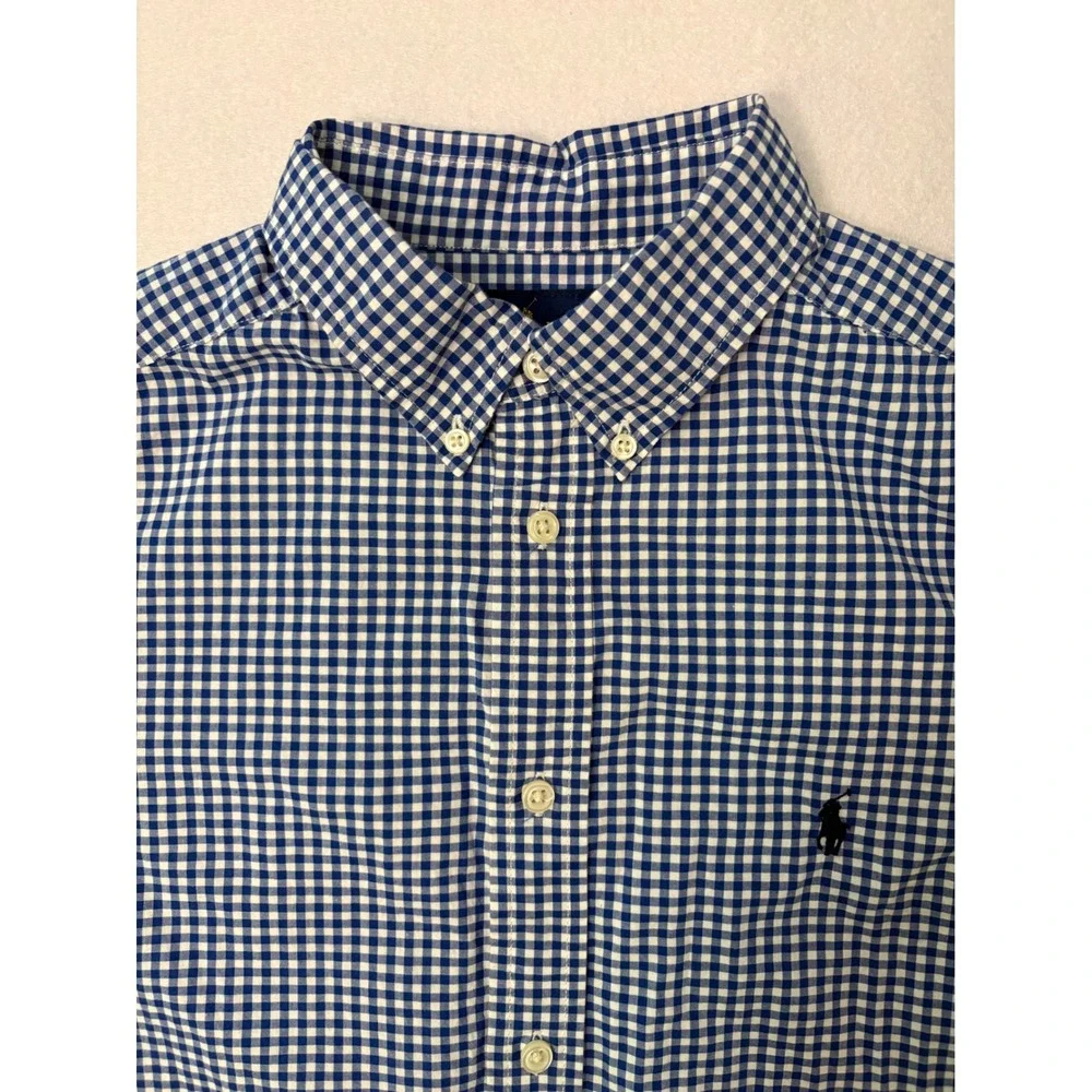 Ralph Lauren Boys XL 18-20 Blue Gingham Natural Stretch Button Down Shirt Pony